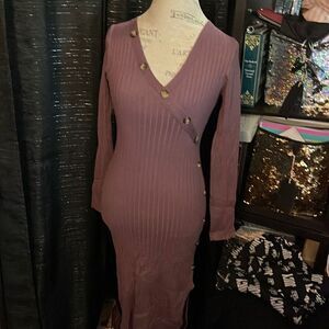Bodycon long sleeve deep v plunge fitted purple midi dress